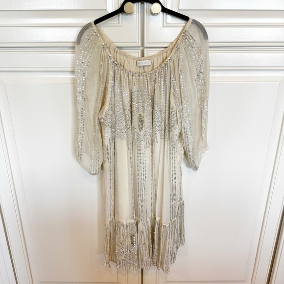 Anthropologie Carolina K Women’s Charo Off Shoulder Cream Sequined Boho Dress - Picture 4 of 14